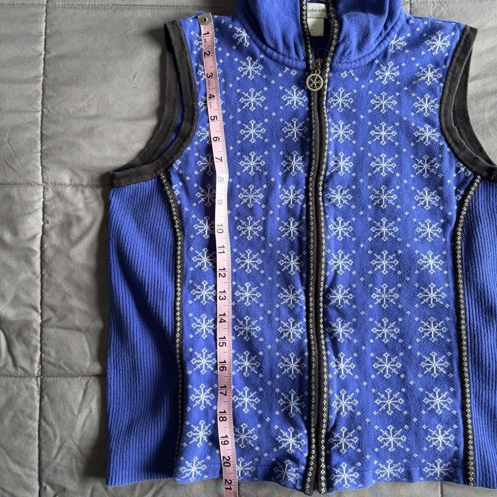 VTG Medium 90s Blue Hooded Snowflake Sweater Vest Zipper Cottage Nordic Scandi - Picture 9 of 10